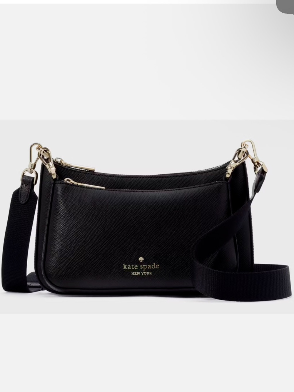 kate spade Black Saffiano Double-Zip Crossbody with Gold Hardware